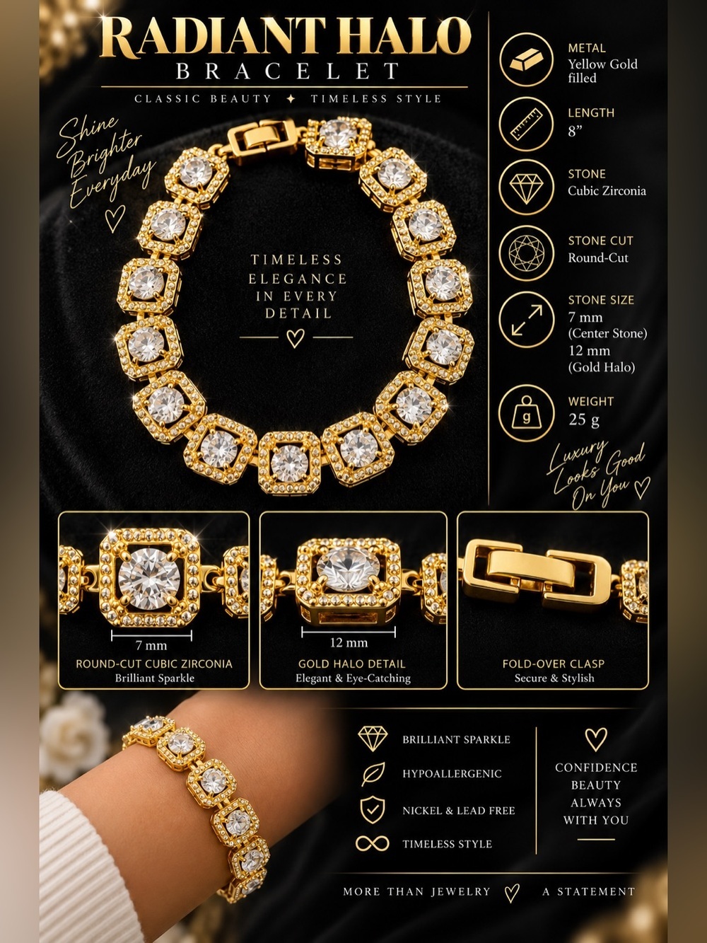 12mm Yellow Gold Cushion Frame CZ Bracelet 8 in. - Picture 3 of 10